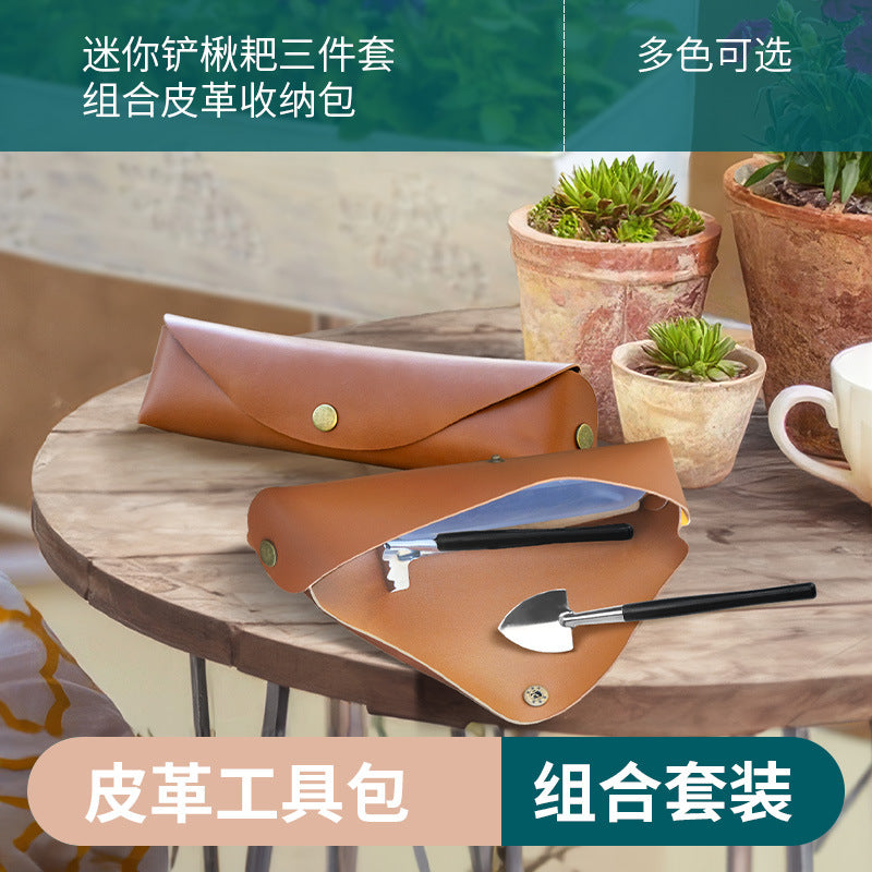 Mini Garden Tool Set with Leather Pouch for Succulents & Potted Plants