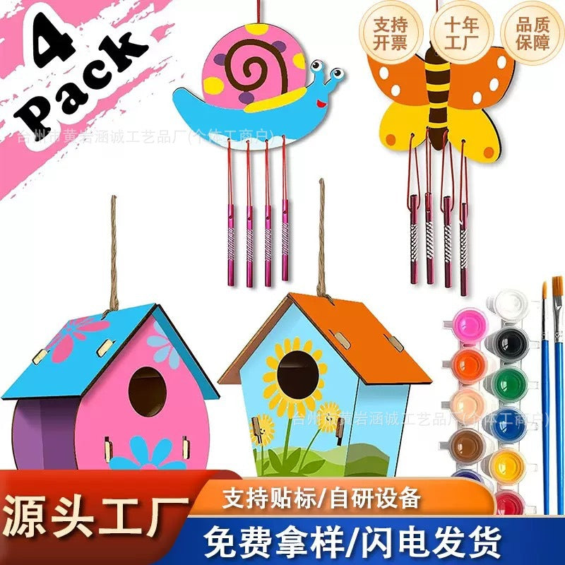 DIY Wooden Birdhouse Wind Chime Kit for Kids, Craft Assembly and Painting Decor