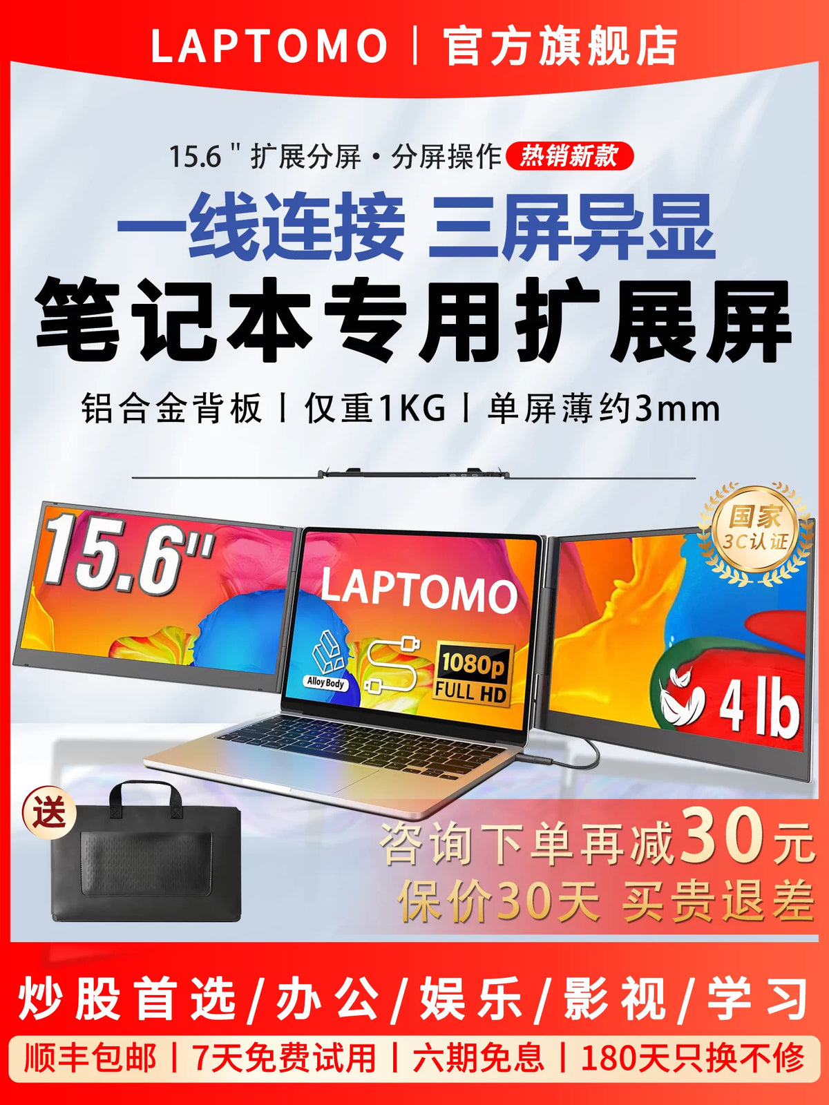 LAPTOMO Portable Laptop Monitor Extender Dual Triple Screen Display