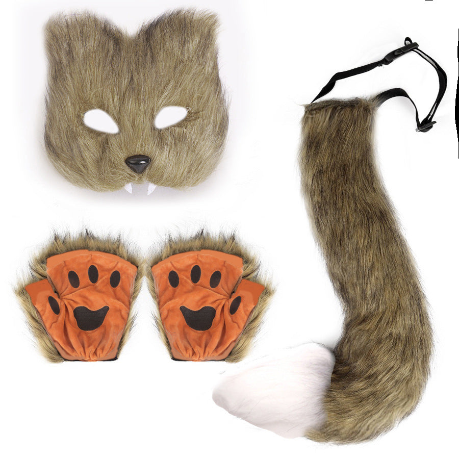 Halloween Fox Costume Set with Mask, Gloves, and Plush Tail for Cosplay