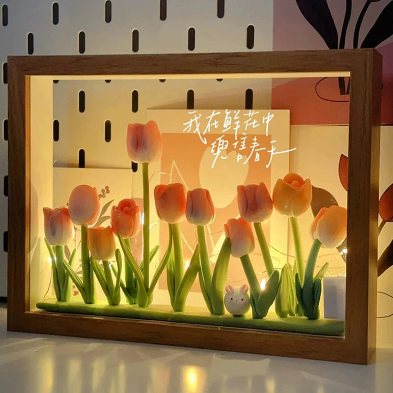 DIY Tulip Clay Photo Frame Kit with LED String Lights, Handmade Desktop Ornament Gift