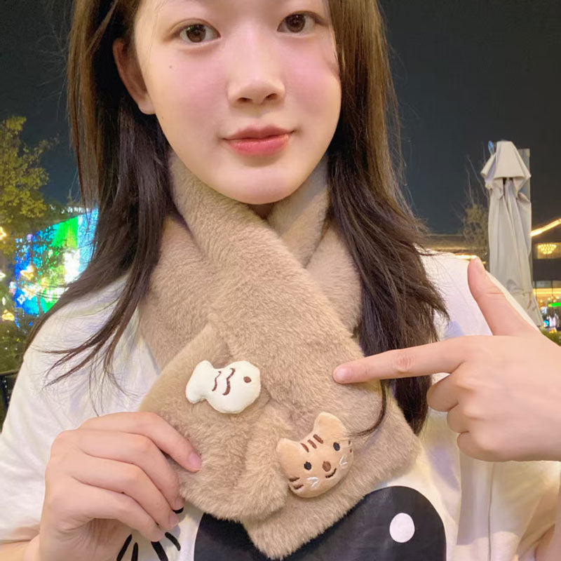 Cute Cat Scarf for Women, Sweet Japanese Style Warm Plush Cross Scarf, Thickened Neck Warmer