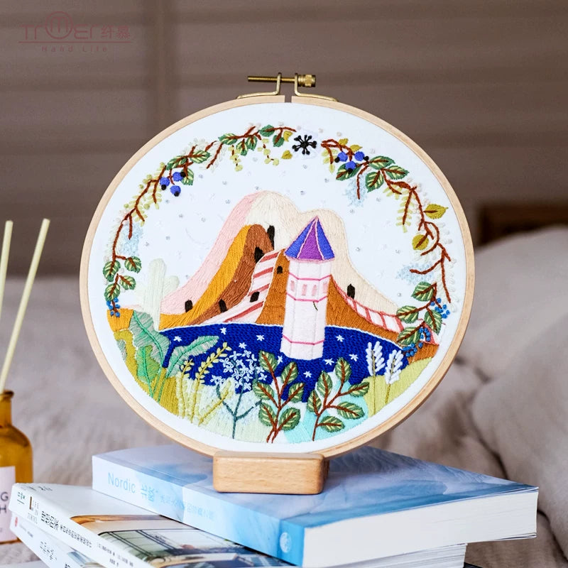 DIY Embroidery Kit for Adults, Landscape Pattern Needlework Craft with Hoop and Tutorial