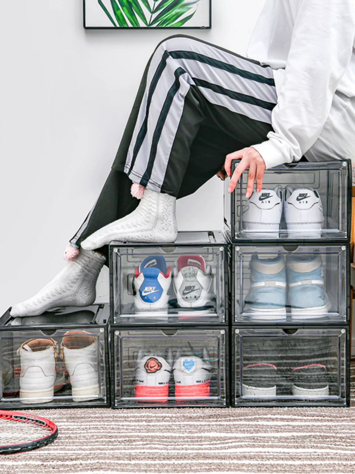 Clear Stackable Shoe Storage Boxes with Magnetic Side/Front Opening Door, Dustproof Hard Plastic Shoe Organizer for Sneakers