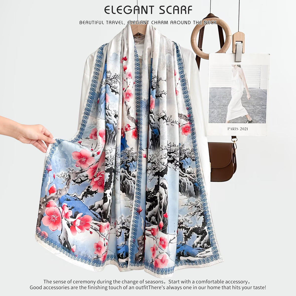 Vintage Style Double-Sided Floral Print Scarf Shawl with Hand-Rolled Edges
