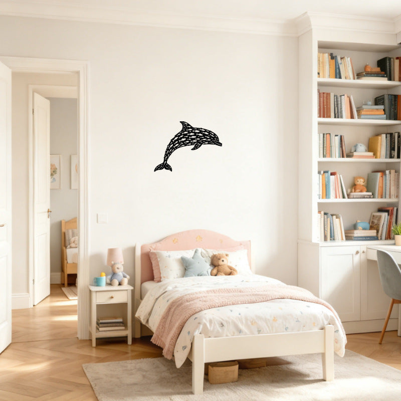 Dolphin Silhouette Fish School Metal Wall Decor Ocean Style Iron Art Hanging Ornament for Living Room Entryway