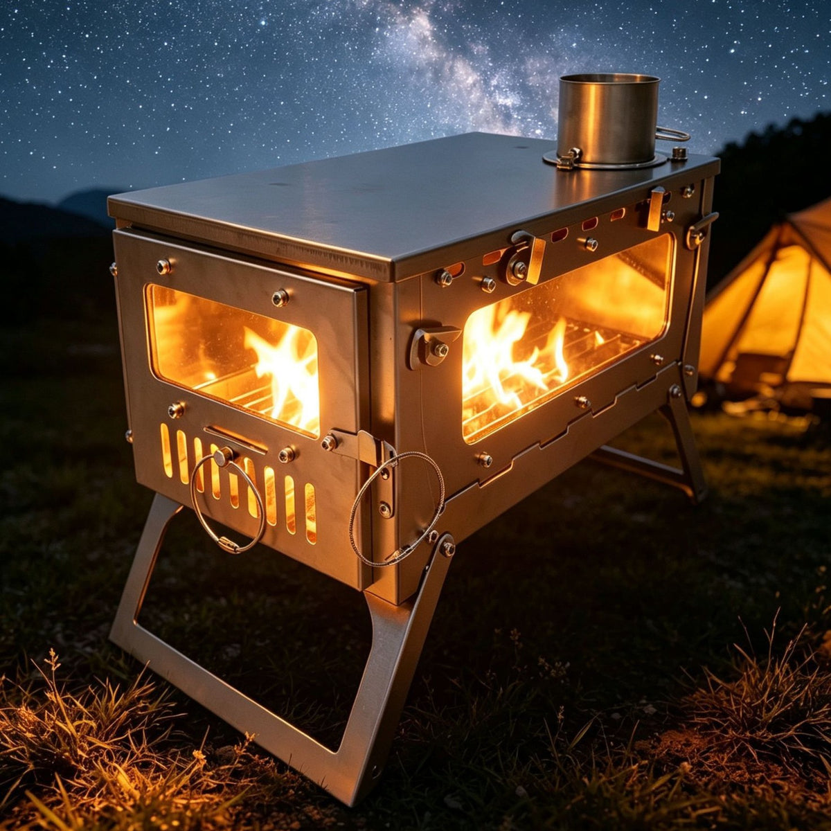 Titanium Alloy Camping Wood Stove with View Window and Folding Chimney for Tent Heating