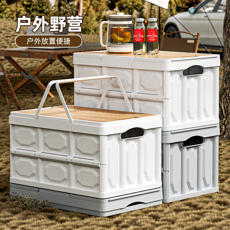Outdoor Camping Foldable Storage Box with Wooden Lid, Large Capacity Portable Trunk Organizer