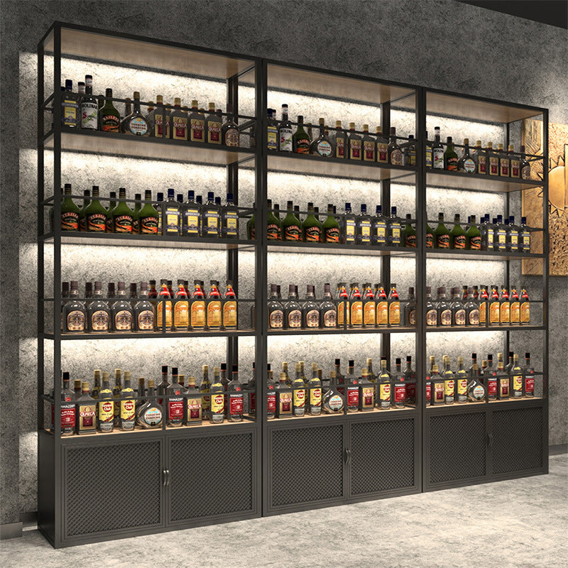 Minimalist Iron Wine Rack with Lights for Bar Commercial Use, Winery Display Shelf, Floor-standing Grape Beer Cabinet