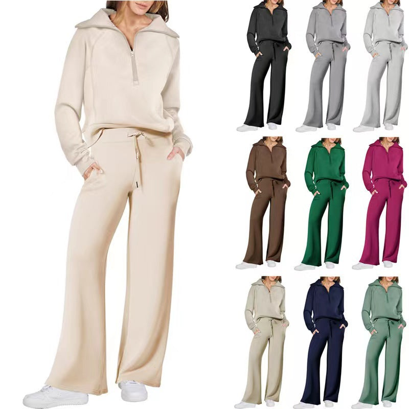 Women's Fashion Casual Tracksuit Set with Zip-Up Hoodie and Wide-Leg Pants