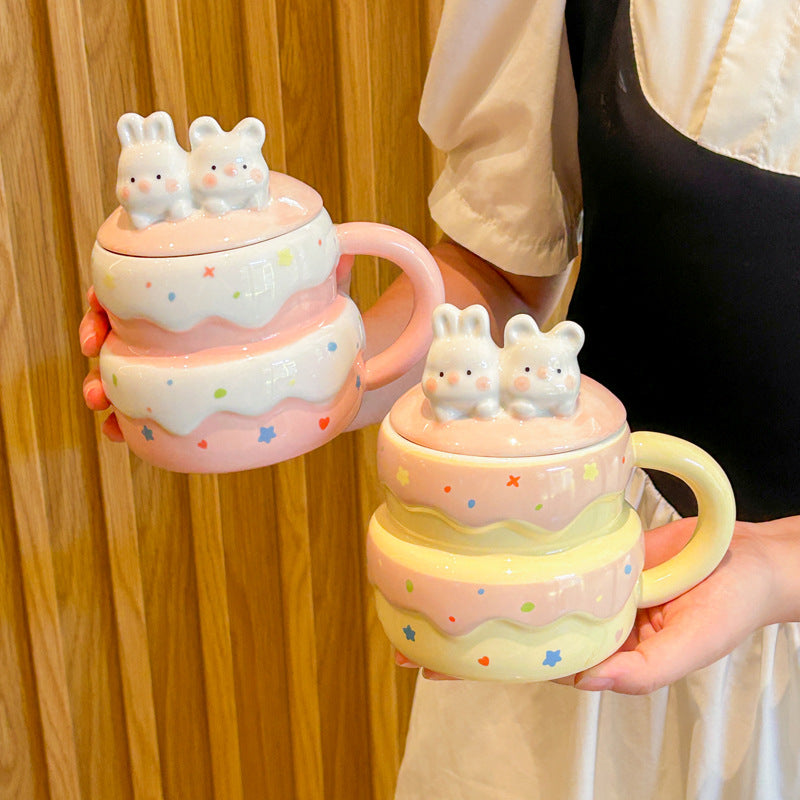 Cute Birthday Cake Ceramic Mug with Lid and Spoon, Gift for Girls and Friends