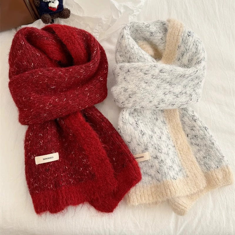 Color Block Knitted Scarf and Hat Set for Women, Korean Style Warm Winter Accessories