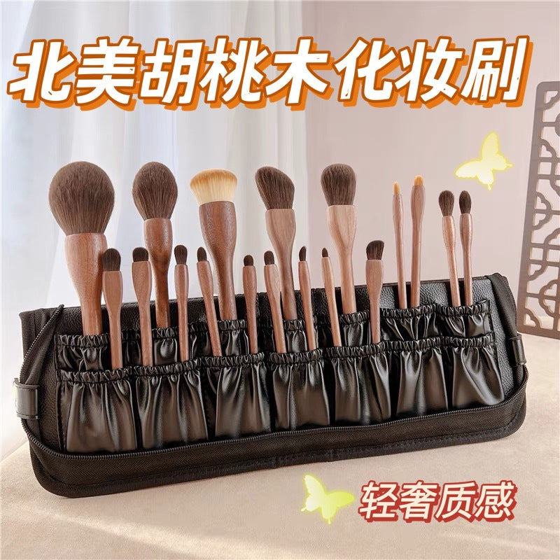 Vintage Style Walnut Handle Makeup Brush Set with Soft Synthetic Fibers for Eyeshadow, Powder, and Blush
