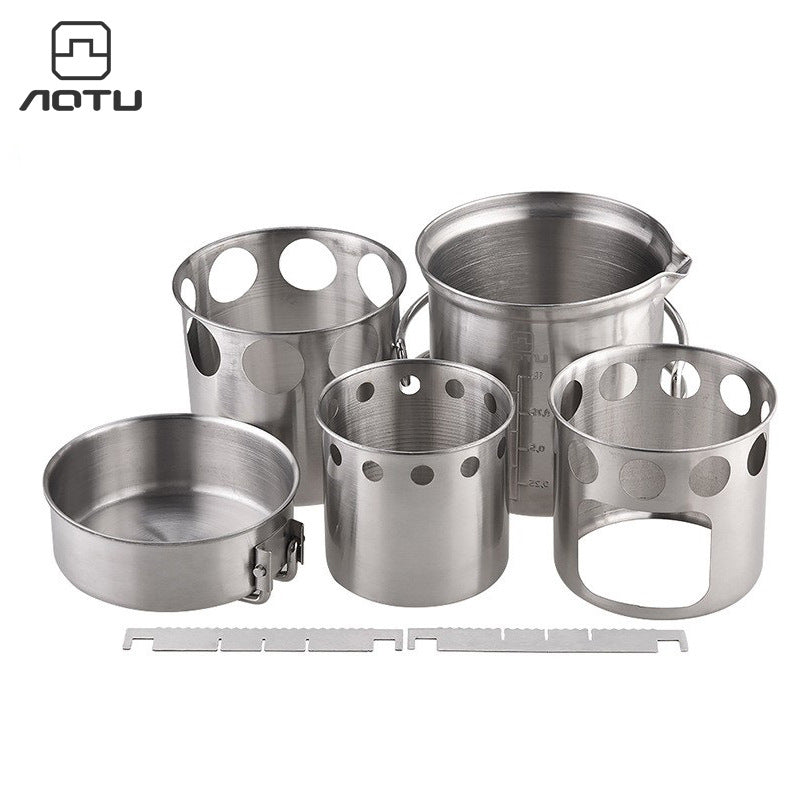 AOTU Outdoor Portable Wood Burning Stove Cookware Set Stainless Steel Camping Stove Pot AT6390