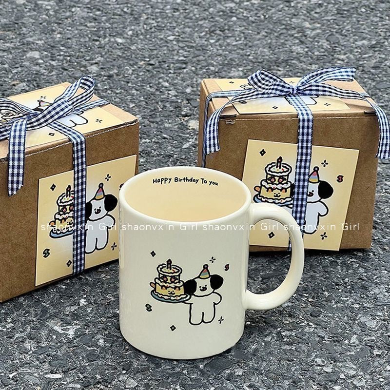 Cute Cartoon Puppy Birthday Cake Mug with Spoon, High Aesthetic Value, Home Gift for Festivals