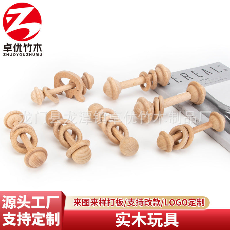 Natural Beech Wood Baby Rattle Teether Toy for Early Education