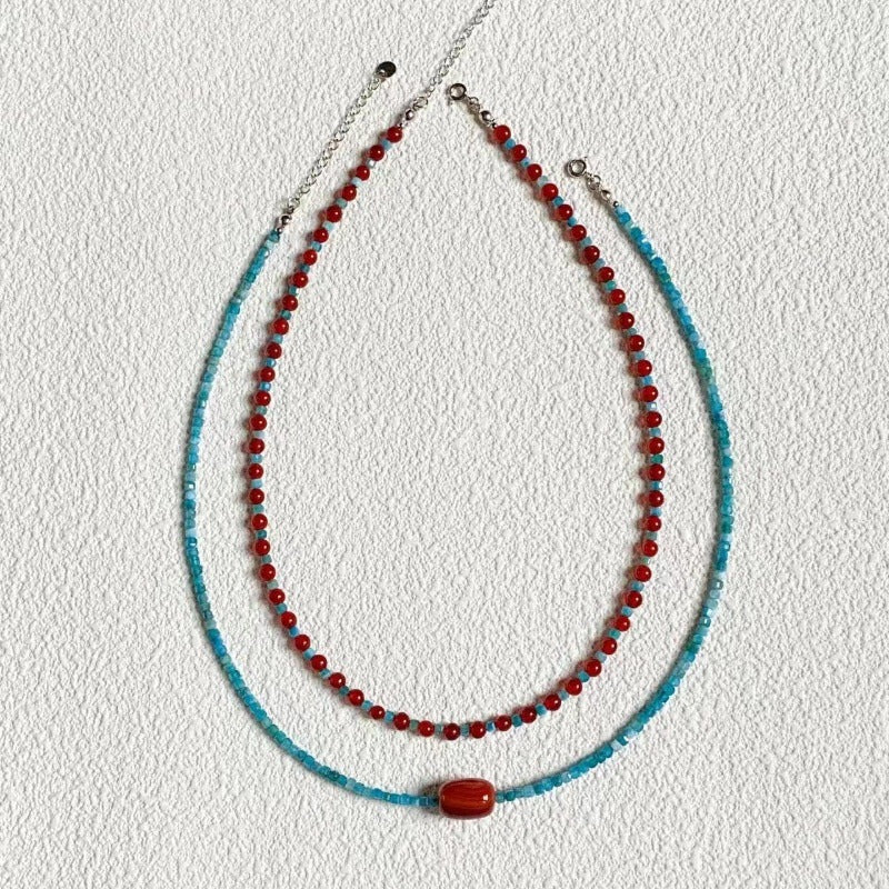 Vintage Beaded Choker Necklace with Red and Blue Accents, Delicate Palace Style Clavicle Chain