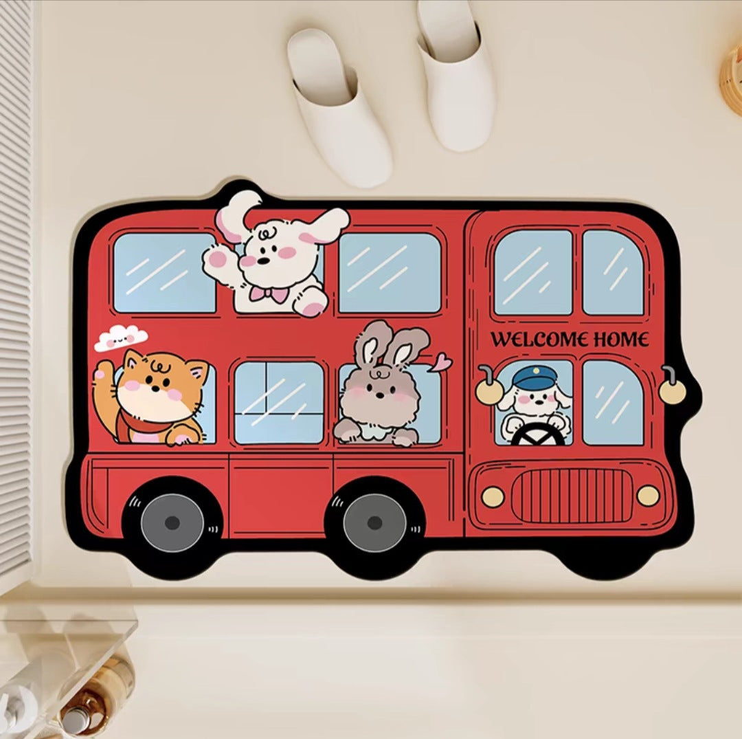 Cute Cartoon Animal Bus Diatomaceous Earth Absorbent Non-Slip Bath Mat