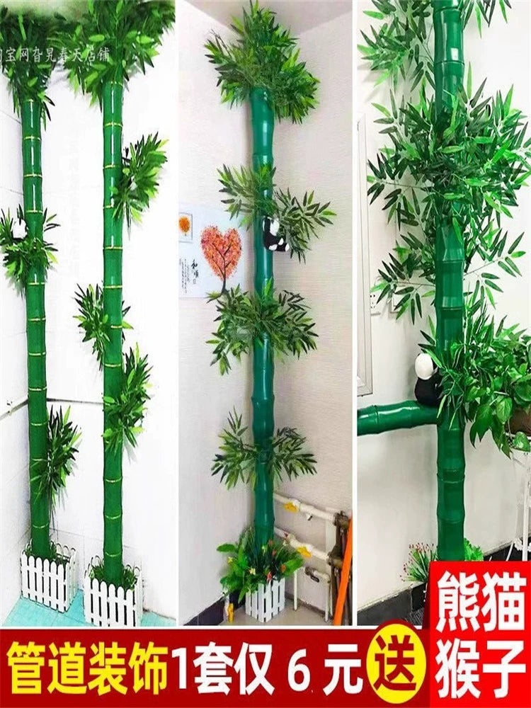 Artificial Bamboo Pipe Cover with Decorative Vines and Faux Plants for Indoor/Outdoor Decor