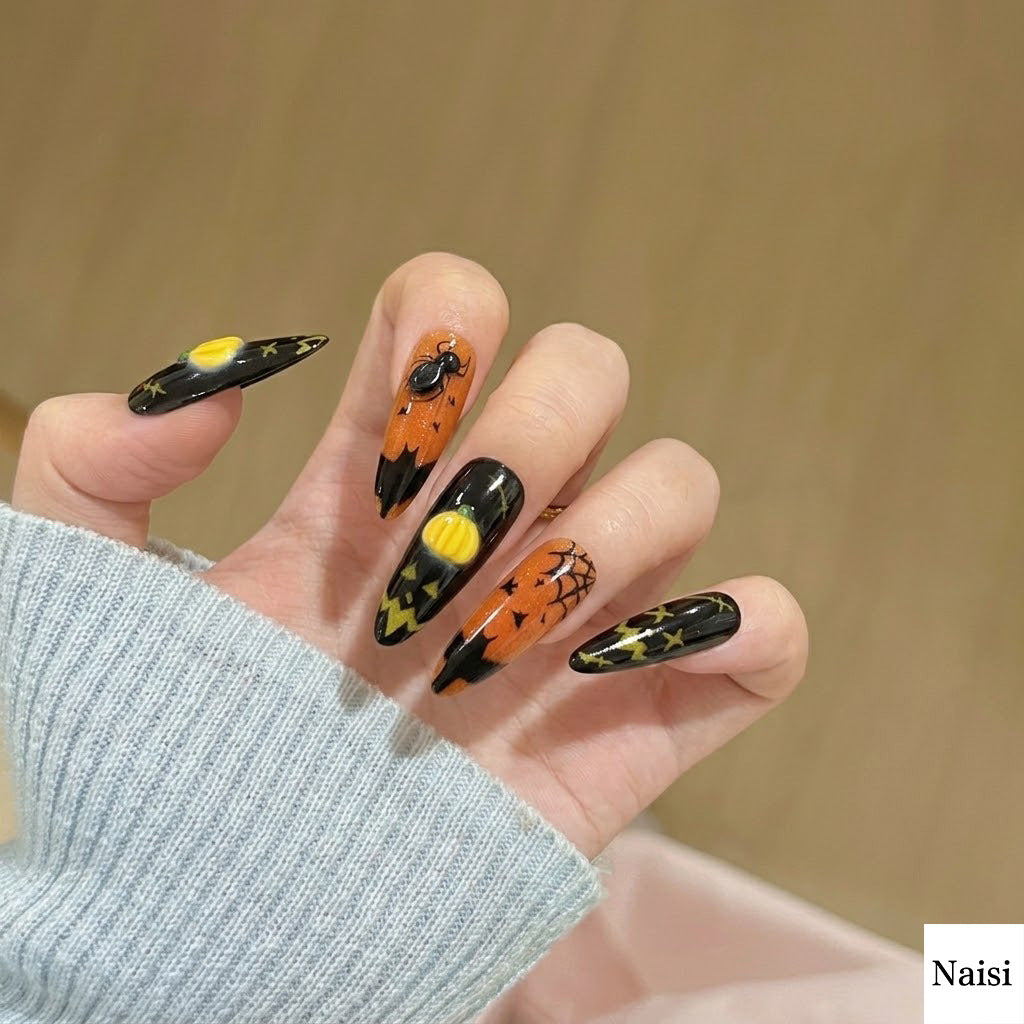 Halloween Pumpkin Fantasy Press-On Nails with Ghost Skull Design