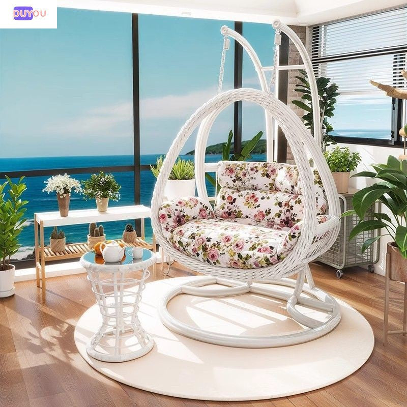 Outdoor Wicker Hanging Basket Chair with Stand and Table, Single/Double Swing Chair for Patio Balcony Garden