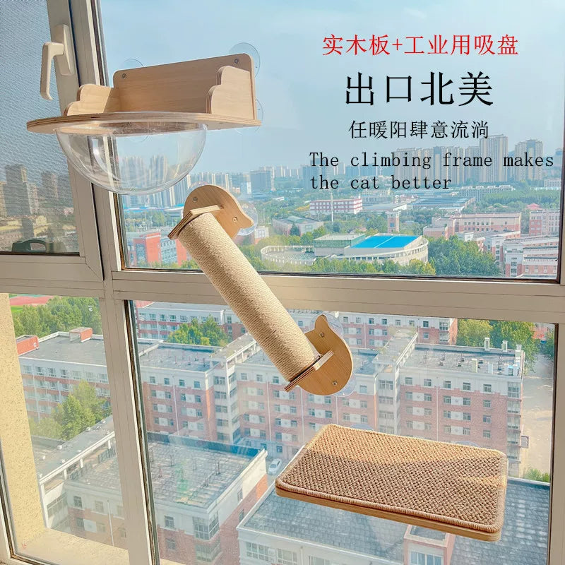 Window Cat Hammock with Suction Cups - Wall-Mounted Wooden Cat Perch for Sunbathing