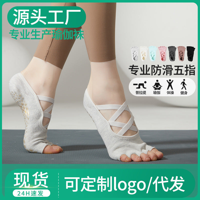 Women's Toeless Non-Slip Yoga Pilates Socks with Five-Toe Design and Straps, Breathable Cotton