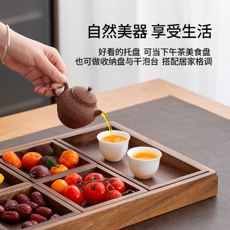 Walnut Wood Snack and Fruit Tray with Compartments for Living Room