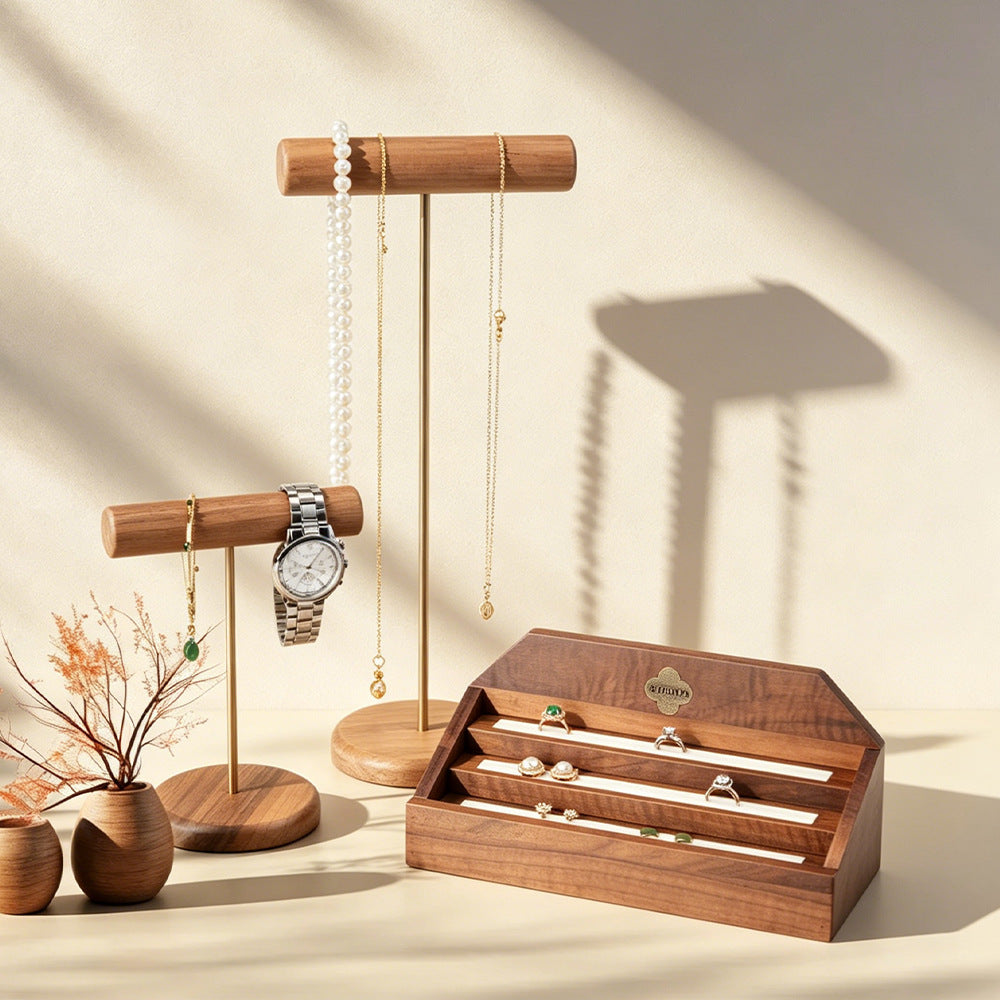 Walnut Wood 3-Tier Jewelry Display Stand for Rings, Earrings, and Bracelets