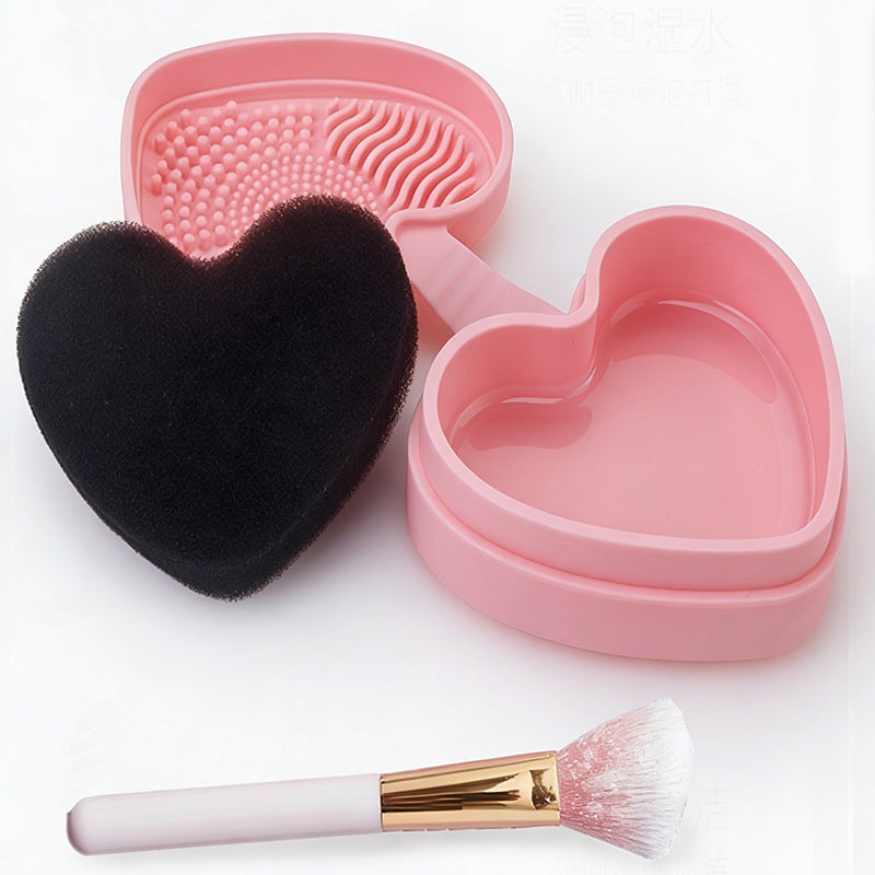 Silicone Heart-Shaped Makeup Brush Cleaning Mat with Dry Sponge and Wet Washing Box