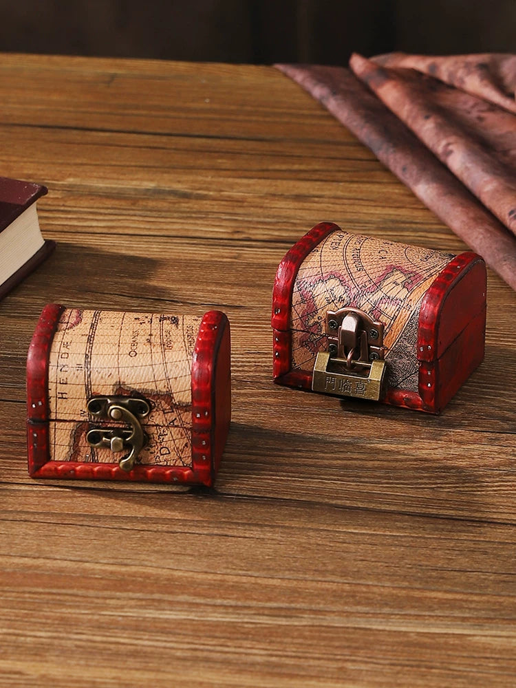 Miniature Vintage Map Wooden Treasure Chest with Lock for Jewelry and Collectibles