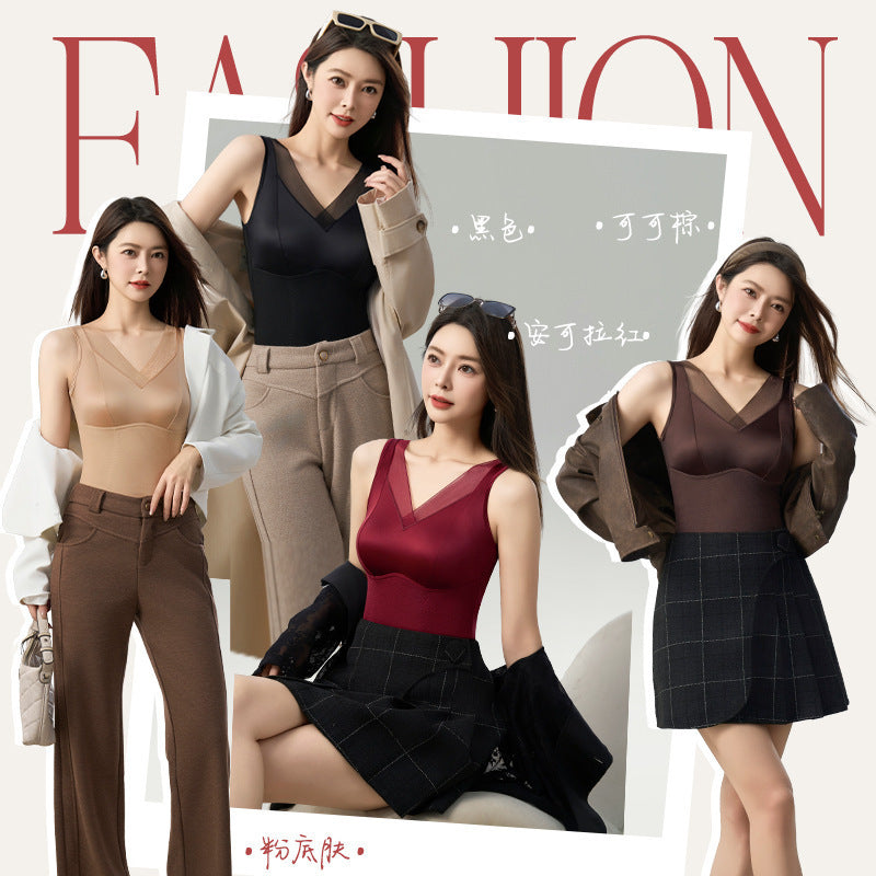 Women's V-Neck Thermal Camisole with Built-in Bra Pads, Silk-Blend Brushed Warm Base Layer