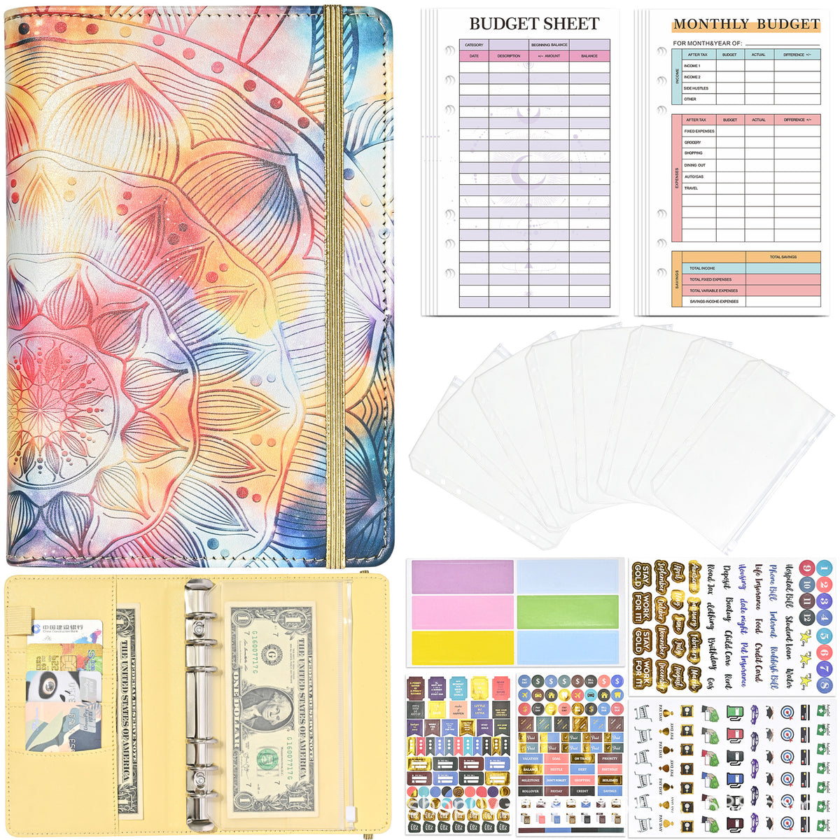 A6 Budget Planner Notebook with 12 Zipper Envelopes for Cash and Bills