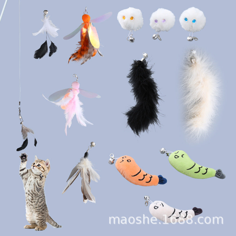 Retractable Cat Wand Toy with Replaceable Feather and Plush Rabbit Fur Ball Heads