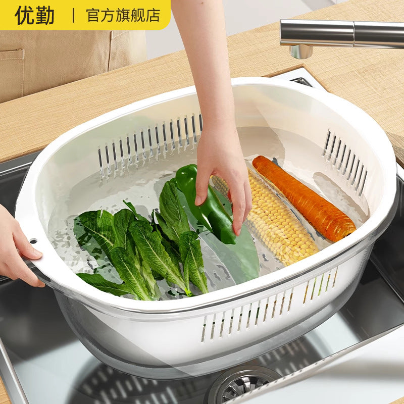 Double-Layer Vegetable Washing Basin Drain Basket Set - Multifunctional Kitchen Household Fruit Plate Living Room Washing Basket