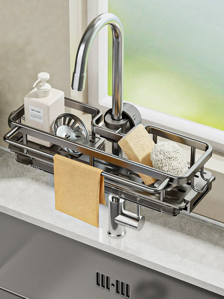 Kitchen Faucet Storage Rack with Drain Tray and Dishcloth Holder