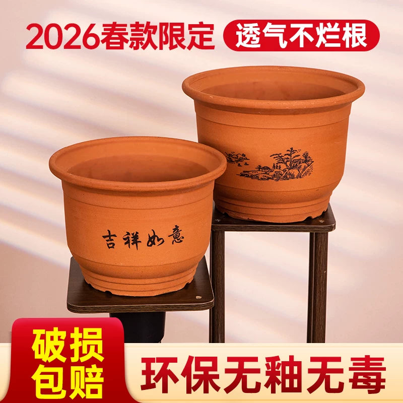 Large Ceramic Terracotta Planter Pot with Drainage and Tray for Indoor Plants