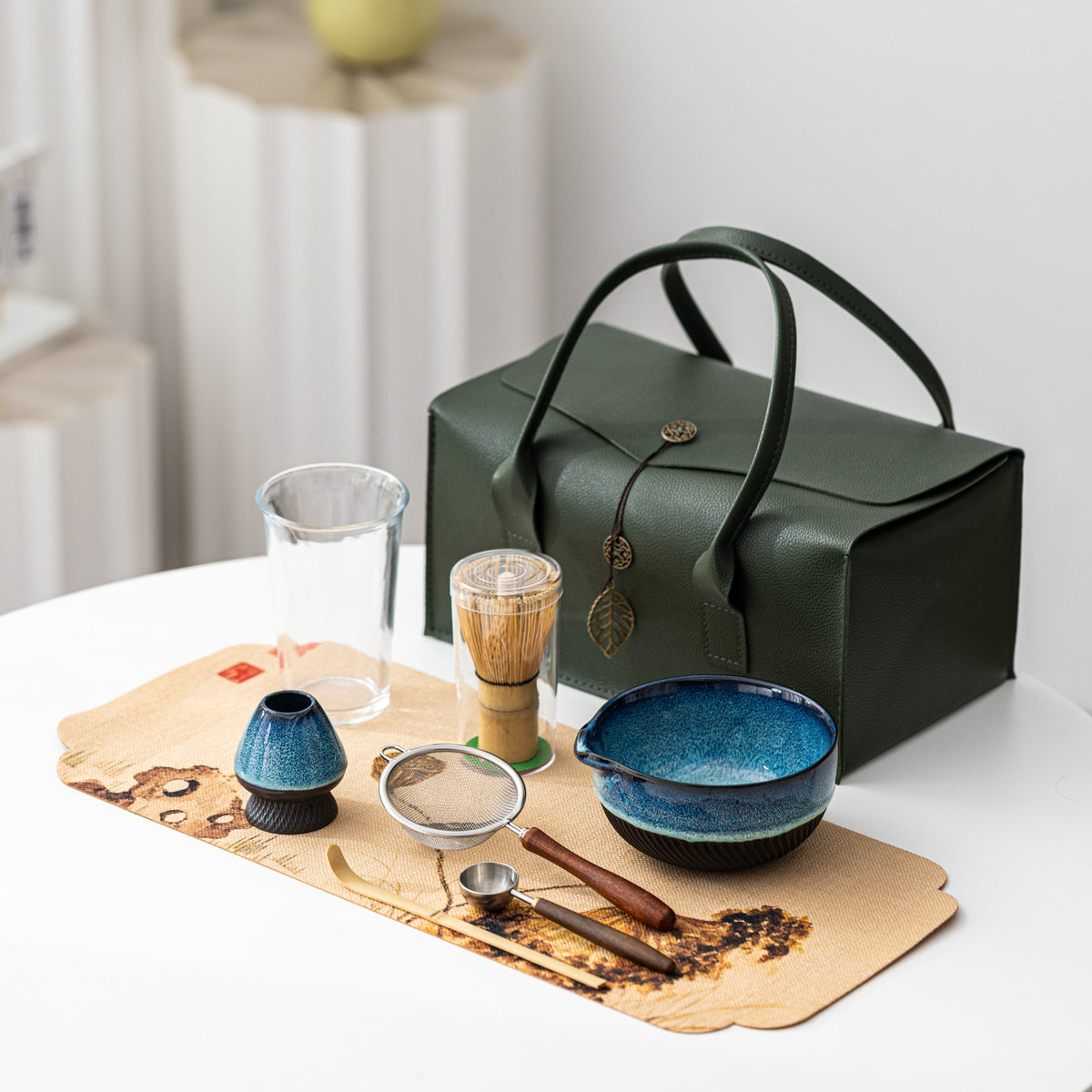 Japanese Matcha Tea Ceremony Set with Ceramic Bowl, Bamboo Whisk, and Portable Leather Bag