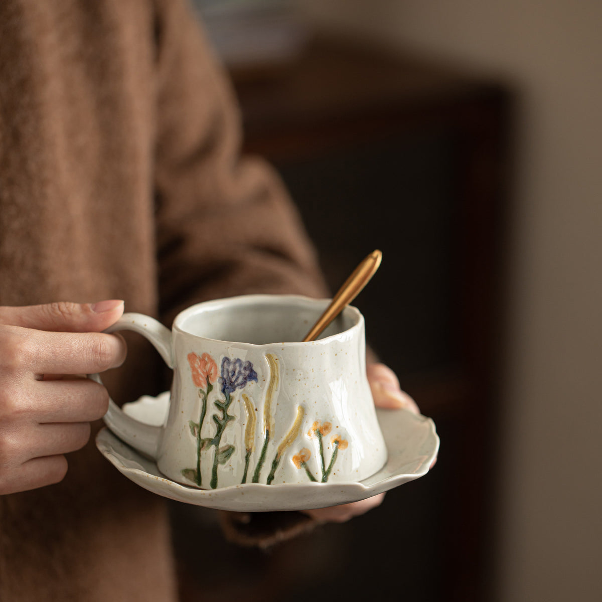 Hand-Painted 3D Floral Ceramic Coffee Cup and Saucer Set with Spoon, High-Value Breakfast Mug Gift for Women