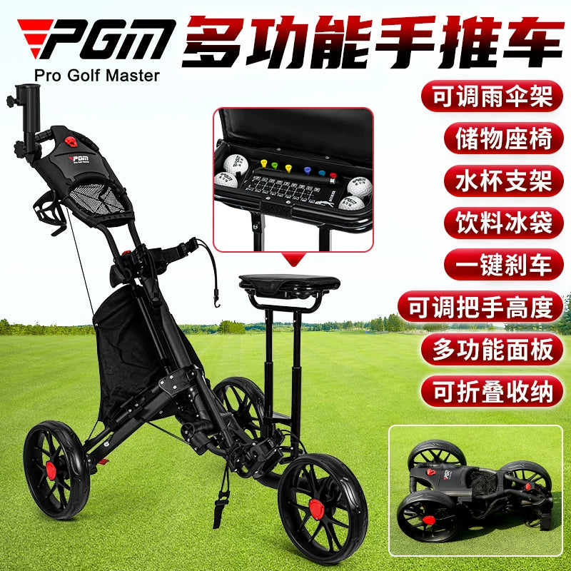 PGM Golf Push Cart with Seat and Cooler Bag, Foldable 3-Wheel Trolley for Juniors and Adults