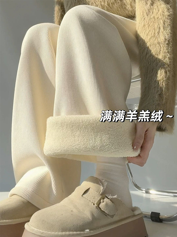 Women's Lambswool Corduroy Wide-Leg Pants - Thin & Thickened Straight-Leg Trousers