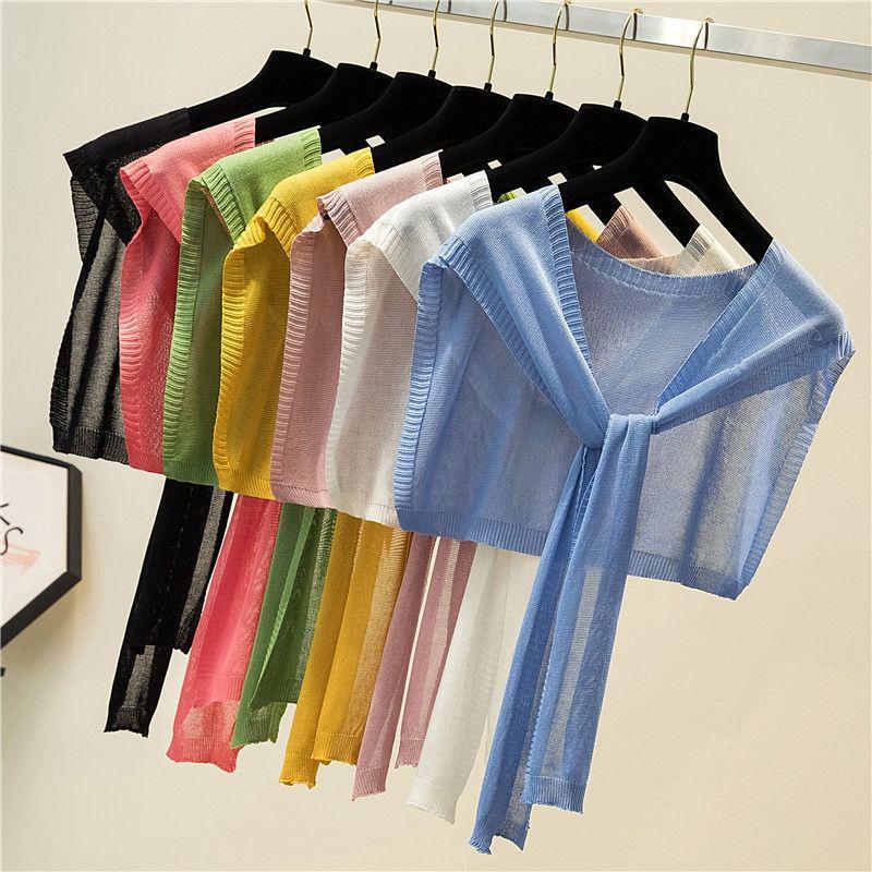 Summer Sun Protection Shawl with Collar, Ice Silk Knit Scarf for Women, Thin Fashionable Tie-Knot Design