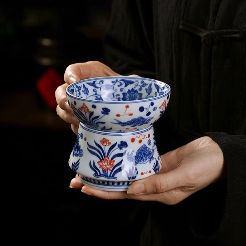 Jingdezhen Vintage Blue and White Porcelain Fish and Algae Pattern Tea Strainer Ceramic Tea Filter