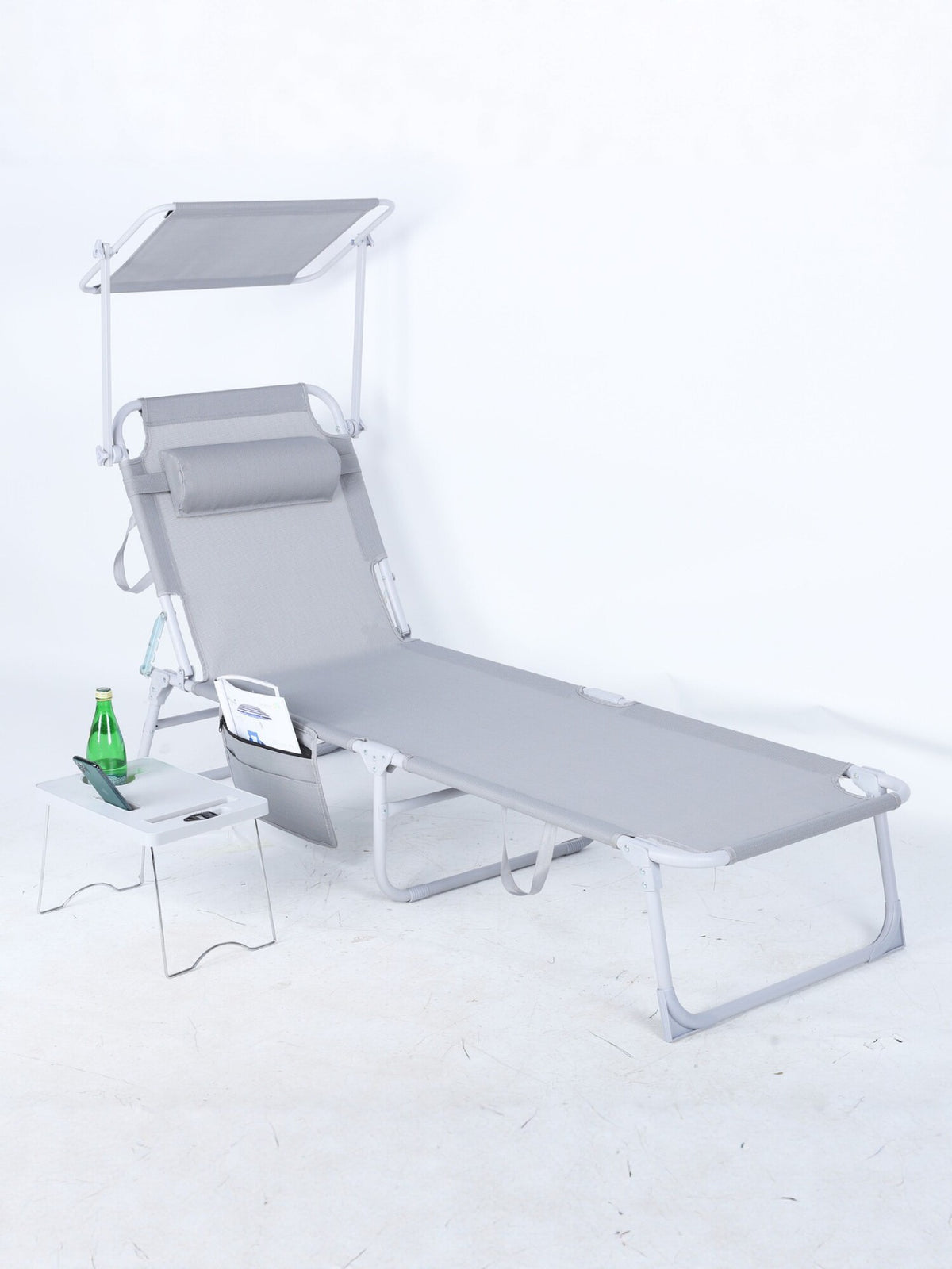 Outdoor Folding Lounge Chair with Canopy, Portable Reclining Beach Cot with Pillow, Adjustable, Sunshade & Waterproof for Camping