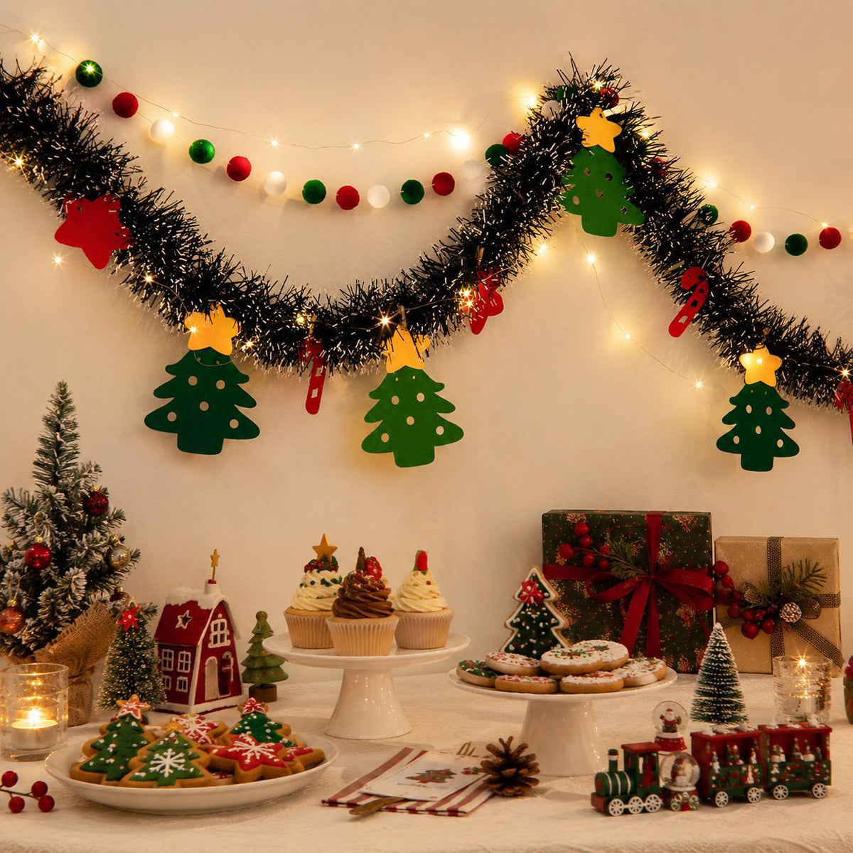 DIY Felt Christmas Tree with Pom-Poms and Garland for Holiday Party Decor