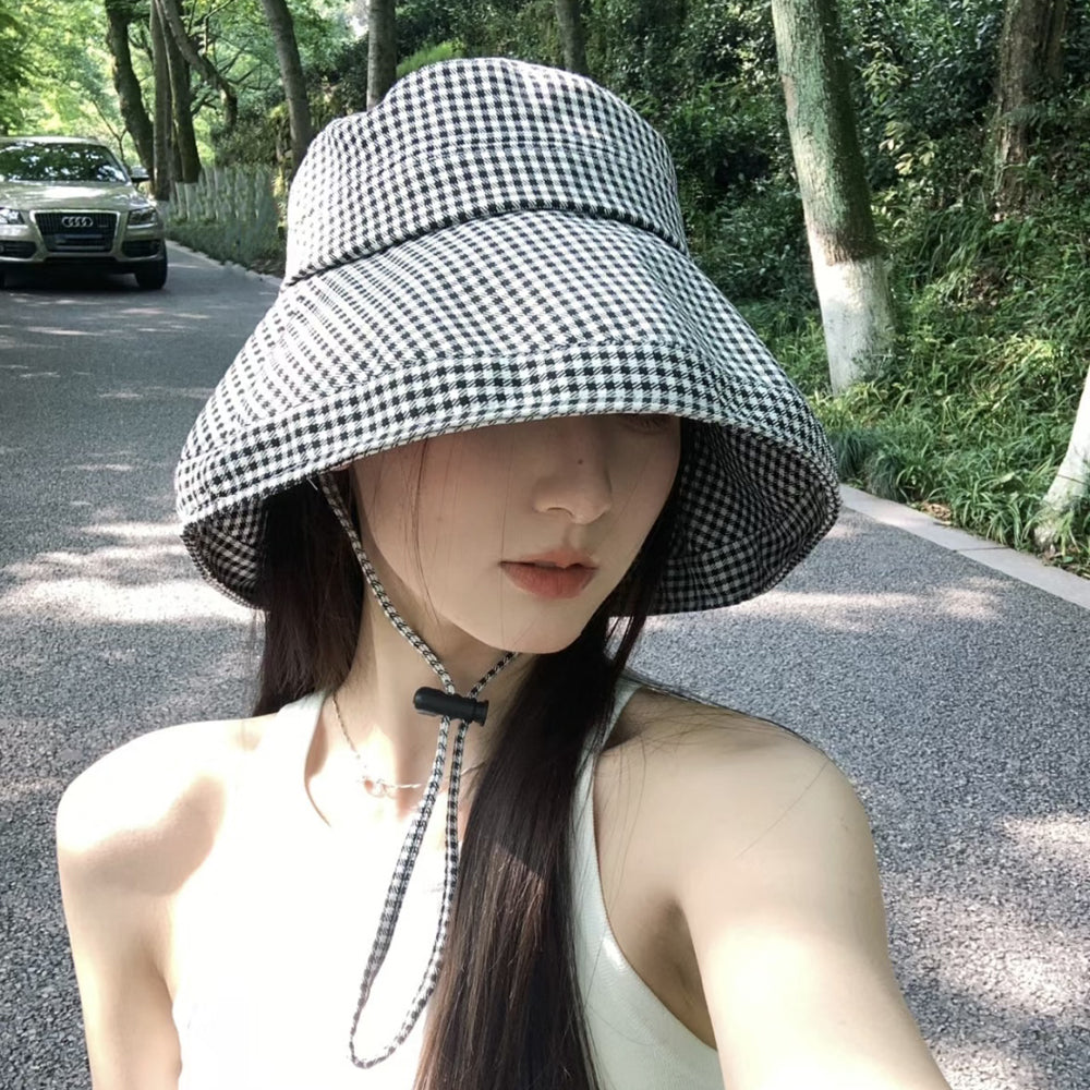 Women's Houndstooth Wide Brim Bucket Hat UV Protection Sun Hat
