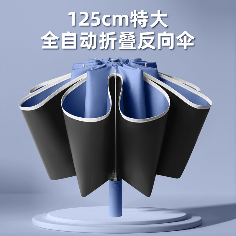 125cm Large 10-Rib Reverse Automatic Umbrella with Reflective Strip, UV Protection, Folding Business Sun Umbrella