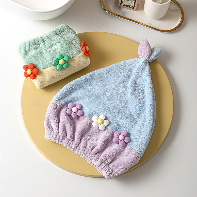 Coral Fleece Hair Drying Cap and Bath Towel Set with Floral Design