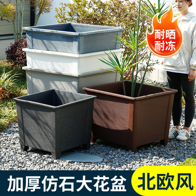 Outdoor Square Large Caliber Plastic Planter Box for Trees and Fish, Thickened Cement-Look Pot for Malls and Courtyards
