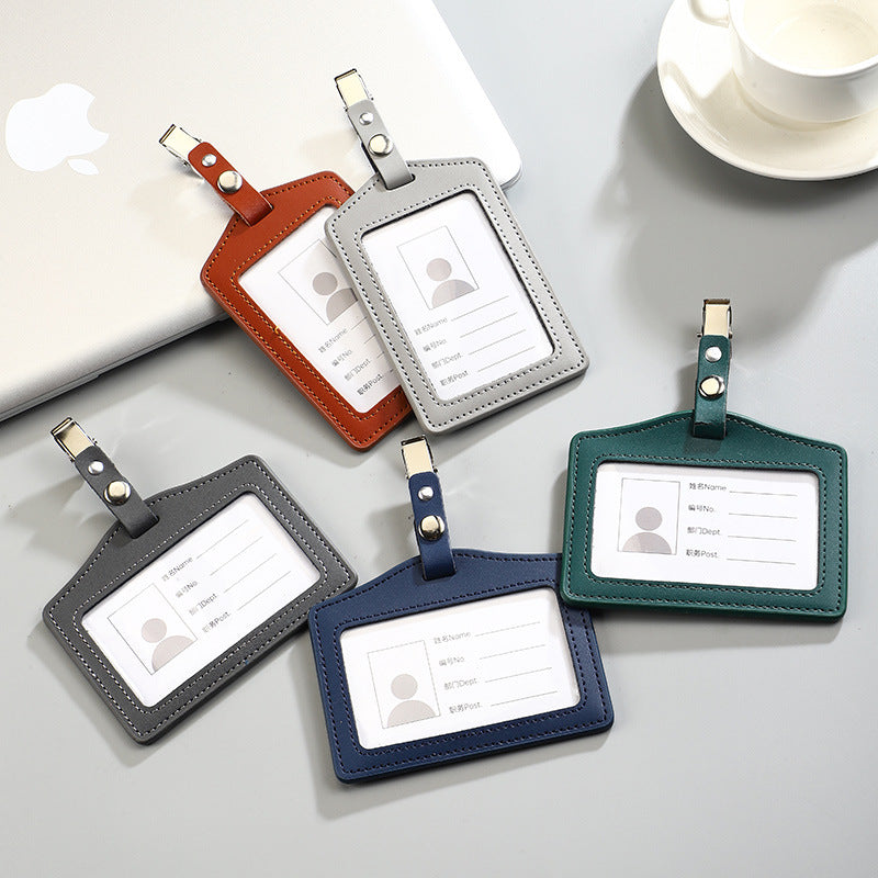 Genuine Leather ID Card Holder Vertical Badge Lanyard for Work Office School